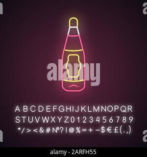 Glass bottle with red wine neon light icon. Alcoholic drink, beverage. Color glass liquor bottle with yellow label. Glowing sign with alphabet, number Stock Vector