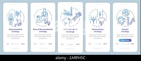 Oncology onboarding mobile app page screen with concepts. Cancer treatment walkthrough five steps graphic instructions. Dermatological oncology. UI ve Stock Vector