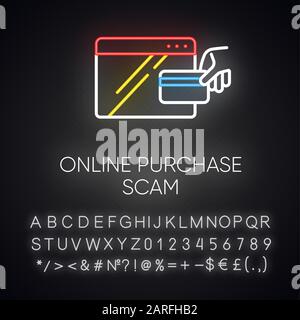 Online purchase scam neon light icon. Internet shopping, consumer fraud. Fake retailer website. Cybercrime. Phishing. Glowing sign with alphabet, numb Stock Vector