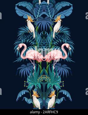 Seamless border with jungle trees, flamingo and parrots. Vector. Stock Vector