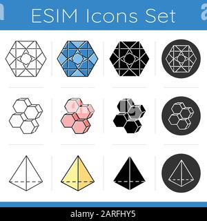 Geometric figures icons set. Ornamental hexagon. Compiled stock of honeycombs. Prism model. Abstract shapes. Isometric forms. Flat design, linear, bla Stock Vector