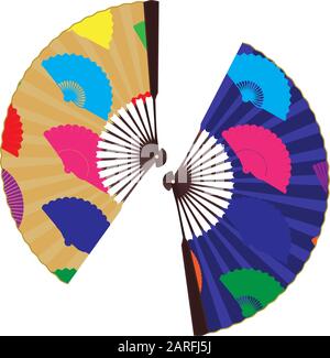 Oriental folding fan set, vector illustration isolated on white background. Decorative hand or handheld fan. Stock Vector