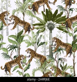 Seamless pattern with tigers and tropical trees. Vector. Stock Vector