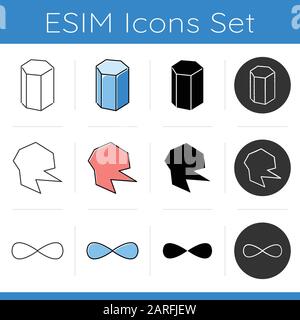 Geometric figures icons set. Prism with hexagon base. Spot with sharp edges. Eternity sign. Abstract shapes. Isometric forms. Flat design, linear, bla Stock Vector