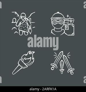 Archeology chalk icons set. Prehistoric man. Caveman. Marauding. Treasure hunt. Robbery. Flambeau. Flaming torch. Beacon. Sword fight. Weapons clash i Stock Vector