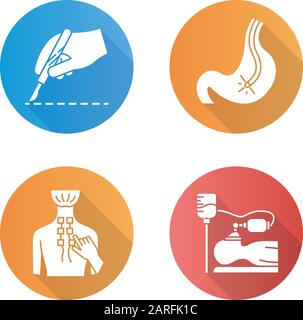 Medical procedure flat design long shadow glyph icons set. Surgery. Endoscopy. Digestive tract, stomach check. Physiotherapy. Back pain relief. Anesth Stock Vector