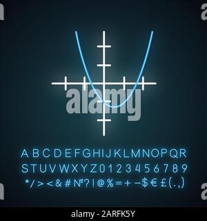 Function graph neon light icon. Curve chart with increasing section and segmented bar. Trigonometry, geometry. Glowing sign with alphabet, numbers and Stock Vector