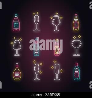 Alcohol drink glassware neon light icons set. Wine service elements. Crystal glasses shapes. Drinks and beverages types. Red wine and whiskey bottles. Stock Vector