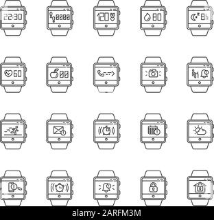 Fitness tracker functions linear icons set. Wristband smartwatch capabilities and wellness services and applications.Thin line contour symbols. Isolat Stock Vector