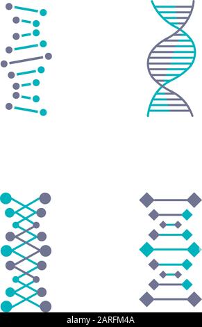 DNA chains violet and turquoise color icons set. Deoxyribonucleic, nucleic acid helix. Spiraling strands. Chromosome. Molecular biology. Genetic code. Stock Vector