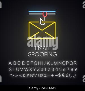 Email spoofing neon light icon. Illegitimate business. Forged sender. Online scam. Spamming. Mail phishing. Cybercrime. Glowing sign with alphabet, nu Stock Vector