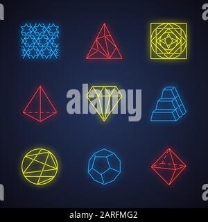 Geometric figures neon light icons set. Abstract shapes. Isometric forms. Geometric ornament. Polygonal triangle. Prism. Double pyramid. Lined circle. Stock Vector