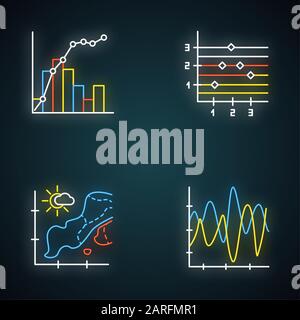 Chart and graph neon light icons set. Temperature map. Point and figure chart. Seismic activity presentation. Mixed graph. Vibration curve. Glowing si Stock Vector