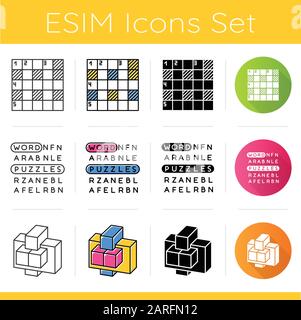 Puzzles and riddles icons set. Number placement, hidden word search, construction puzzle. Logic games. Brain teaser. Flat design, linear, black and co Stock Vector