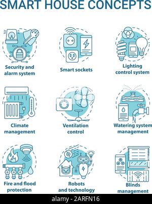 Smart house turquoise concept icons set. Innovative technology for apartments idea thin line illustration. Smoke detectors. Home automation. Vector is Stock Vector