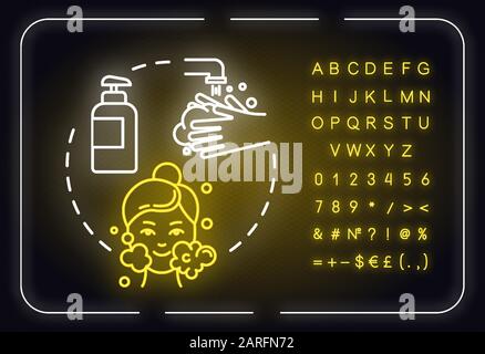 Cleansing, pore purification neon light concept icon. Face skin cleanser use, hygienic procedure idea. Outer glowing sign with alphabet, numbers and s Stock Vector