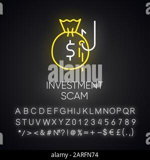 Investment scam neon light icon. Ponzi, pyramid scheme. Financial fraud. Illegal money gain. Cybercrime. Phishing. Glowing sign with alphabet, numbers Stock Vector