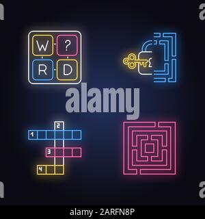Puzzles and riddles neon light icons set. Missing letter game. Maze, labirynth. Crossword. Logic games. Mental exercise. Brain teaser. Solution findin Stock Vector