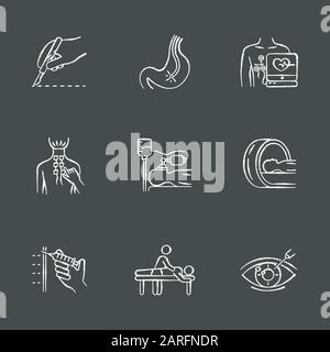 Medical procedure chalk icons set. Surgery. Endoscopy. Electrocardiogram. Physiotherapy. Anesthesia. Tomography for brain scan. Massage. Vision correc Stock Vector