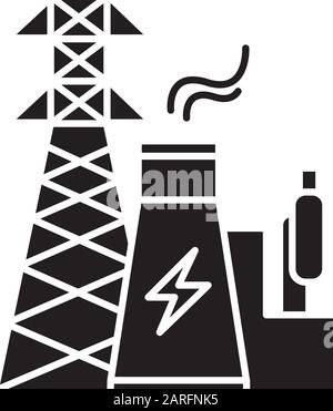 Energy industry glyph icon. Power engineering. Electricity generation and transmission. Nuclear power plant and high voltage tower. Silhouette symbol. Stock Vector