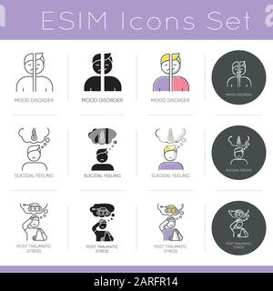Mental disorder icons set. Suicidal feeling. Post-traumatic syndrom. Mood affective disorder. Stress and anxiety support. Flat design, linear, black a Stock Vector