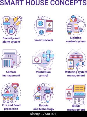 Smart house concept icons set. Innovative technology for apartments idea thin line illustration. Smoke detectors. Climate control. Home automation. Ve Stock Vector