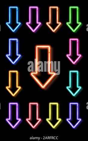 Neon realistic arrows set showing down direction on black background. Color symbol set. Electric light outline borders element design for night sign b Stock Vector