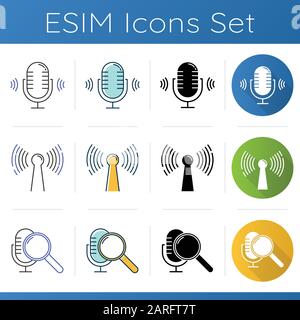 Voice control apps icons set. Mobile voice commands idea. Sound recorder, smart devices, search request. Innovative wireless technology. Linear, black Stock Vector