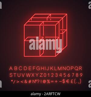 Cube neon light icon. Geometric gridded figure. Graphic abstract shape. Polygonal element. Complex isometric form. Glowing sign with alphabet, numbers Stock Vector