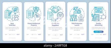 Start local production onboarding mobile app page screen vector template. Identifying suppliers. Have solid idea. Walkthrough website steps, illustrat Stock Vector