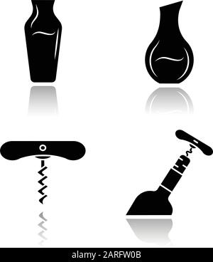 Wine drop shadow black glyph icons set. Different types of decanters. Corkscrew, bottle opening tools. Barman equipment. Alcohol beverage, aperitif dr Stock Vector
