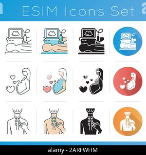 Medical procedure icons set. Ulstrasound diagnostics. Pregnancy care. Physiotherapy. Healthcare. Clinical examination. Flat design, linear, black and Stock Vector