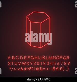 Hexagonal prism neon light icon. Geometric figure. Hexagon based element. Abstract shape. Isometric form. Glowing sign with alphabet, numbers and symb Stock Vector