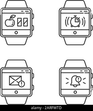 Fitness tracker functions linear icons set. Smartwatch wellness services. Calories counter, stopwatch, messages. Thin line contour symbols. Isolated v Stock Vector