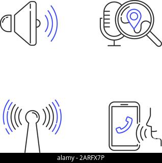 Sound request linear icons set. Voice control system. Speech recognition technology. Voice controlled apps. Thin line contour symbols. Isolated vector Stock Vector