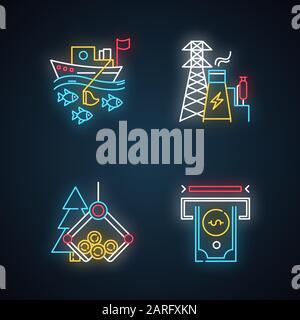 Industry types neon light icons set. Fishing, energy, timber, financial sectors of economy. Business spheres. Goods and services production. Glowing s Stock Vector