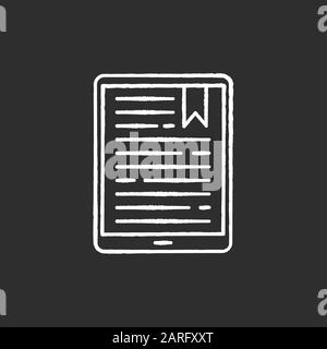 Handheld e-reader chalk white icon on black background. E-book. Electronic book. Digital reading. Touchpad. Tablet. Display with text. Mobile device. Stock Vector