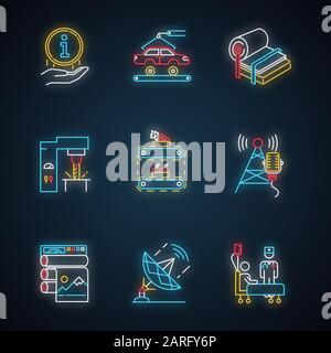 Industry types neon light icons set. Information sign. Automotive production. Pulp and paper. Steel industry. Fruit supply. Broadcasting. Healthcare. Stock Vector