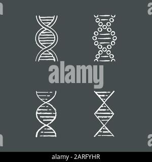 DNA spiral strands chalk icons set. Deoxyribonucleic, nucleic acid helix. Spiraling strands. Chromosome. Molecular biology. Genetic code. Genome. Gene Stock Vector