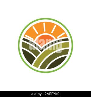 Agriculture logo design template, Agriculture field with sun sign symbol. Stock Vector