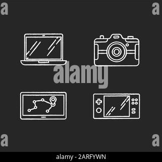 Mobile devices chalk white icons set on black background. Electronic gadgets. Navigation assistant, game console. Laptop, photo camera. Compact digita Stock Vector
