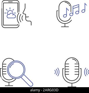 Remote control system linear icons set. Virtual assistance tools. Microphones, speaker. Speech recognition equipment.Thin line contour symbols. Isolat Stock Vector