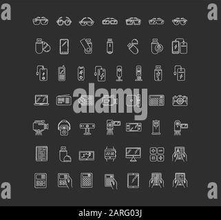 Mobile devices chalk white icons set on black background. Electronic gadgets. Smart technology. Smartphone, computer. E-reader, camera. Compact digita Stock Vector