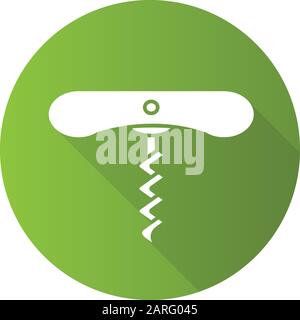 Wine corkscrew with spiral green flat design long shadow glyph icon. Bottle opening tool. Barman and sommelier equipment. Alcohol beverage device. Cor Stock Vector