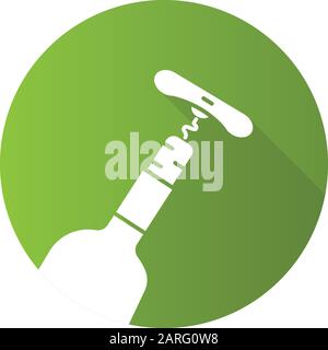 Bottle with cork and corkscrew green flat design long shadow glyph icon. Wine service. Winery tool. Alcohol beverage, aperitif, drink. Barman equipmen Stock Vector