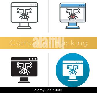 Computer hacking icon. Illegal access gain. Security breach. Malware, ransomware. Phishing, cybercrime. Fraudulent scheme. Flat design, linear and col Stock Vector