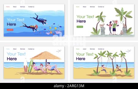 Indonesia tourism landing page vector template. Diving. Monkey forest. Bali beach. Swing resort. Website interface idea with flat illustrations. Homep Stock Vector