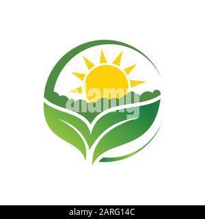 Agriculture logo design template green leaf with sun sign symbol Stock Vector