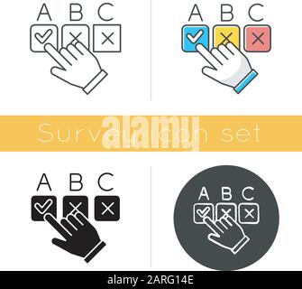 Choosing option icon. Hand picking checkbox. Selecting answer. Making decision. Online survey. Anonymous feedback. Click button. Flat design, linear a Stock Vector