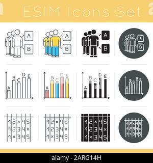 Survey icons set. Focus group. Data analysis, information collection. Number in list. Choose figure. Digit matrix. Flat design, linear, black and colo Stock Vector